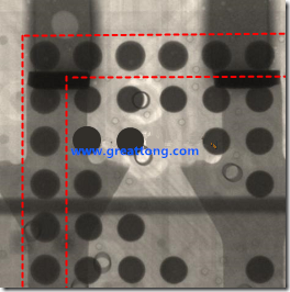 BGA錫球尺寸小于0.4mm，采用降低BGA內(nèi)圍襲球的錫膏量所得到X-Ray，稍微留意一下可以發(fā)現(xiàn)最外圈的錫量(圓的直徑)比其他內(nèi)圍的錫球上的錫量來得多一點點。也就是外圈的黑色圓形直徑比內(nèi)圈的圓形來得大一點點。