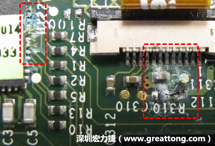 電路板疑似腐蝕氧化，懷疑電流異常過熱造成