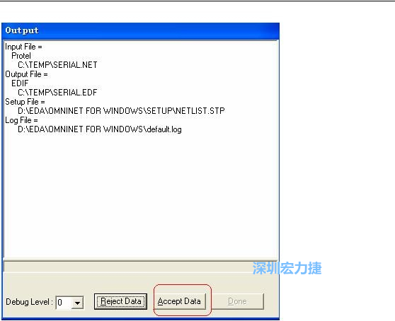 系統(tǒng)彈出一個(gè)輸出窗口，點(diǎn)擊 Accept Data。完成后點(diǎn)擊“確定”，再點(diǎn)擊“Done”關(guān)閉輸出窗口。退出 Omninet for Windows。
