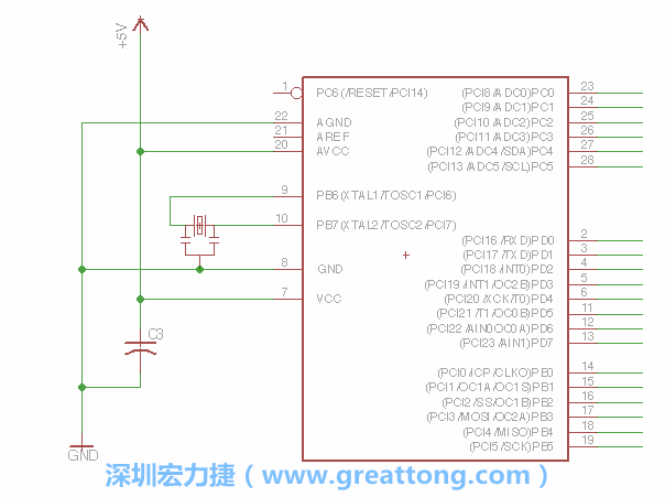 3.2.    在靠近ATmega的電源供應(yīng)針腳7的位置放置一個(gè)0.1μF的電容，將它分別連接電源、接地端和針腳7。