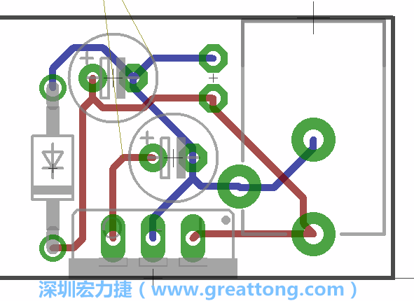 接地連結(jié)點(diǎn)的布線情形如下圖所示，利用這個(gè)練習(xí)來避免電路連線銳角化的產(chǎn)生是一個(gè)不錯(cuò)的選擇，你可以在工具列中的彎曲線路（Wire Bend）選項(xiàng)里改變各種布線的變化。